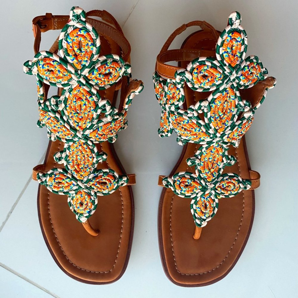 Tory Burch Palisade Flat Sandal, Size 8, Green/Orange/Cream